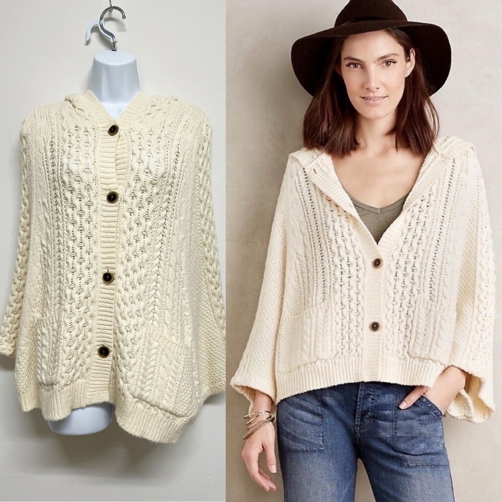 Anthro X Rosie Neira Womens Vienne Ivory Chunky Wool Blend Cocoon Hooded Sweater